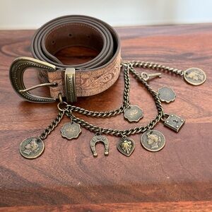 Perry Ellis Vintage and Rare Brown Leather Belt with Charms Size XL
